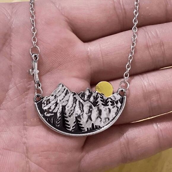 Silver Bohemian Mountain Valley Pines Moon Sunset Boho Landscape Necklace